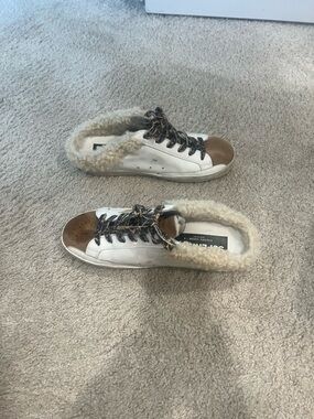 Golden Goose White Leather Sneakers with Brown Toe and Shearling Lining
